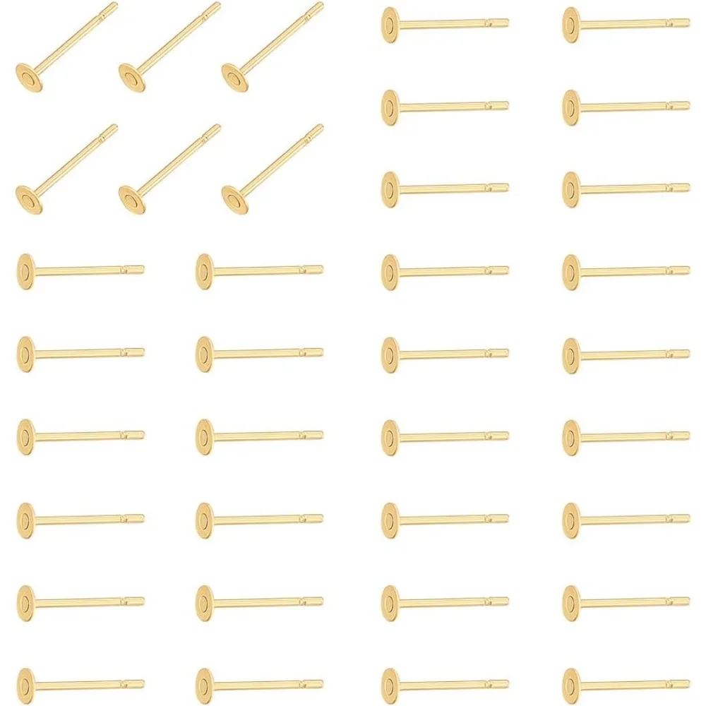 About 200Pcs Flat Pad Stud Earrings 24K Gold Plated Earrings Post 3mm Stainless Steel Stud Earring Findings Flat making kit