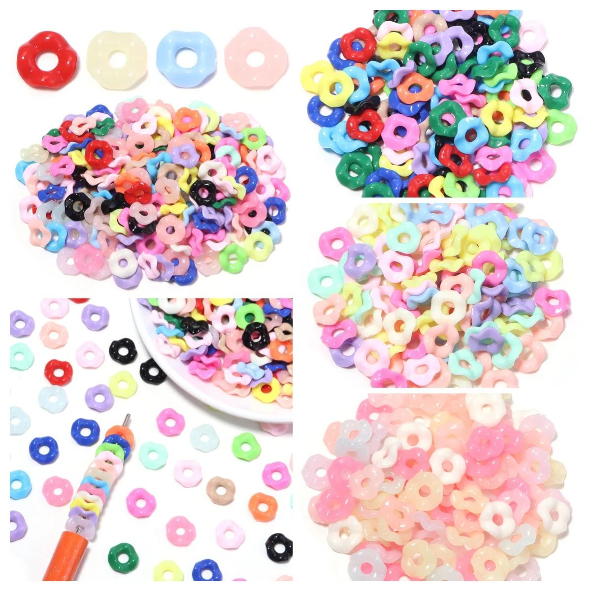 200pcs Mixed Color Doughnut Acrylic Beads Ruffled Edge Stackable Loose Spacer Bead For Jewelry Making DIY Bracelets Necklace