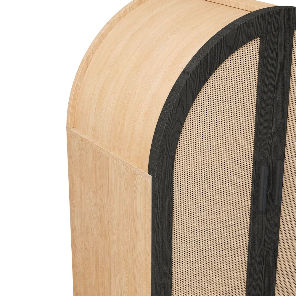 Elegantes Sideboard/Schuhschrank mit abgerundeten Außentüren, gebrochenen Rattan und drei Regalen. – Detail 13