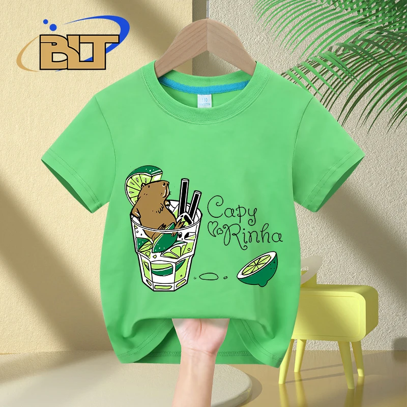 T-shirt à manches courtes en coton imprimé dessin animé pour enfants, Cabybara + Caipirinha = Capyrinha, médicaments décontractés pour garçons et filles, été