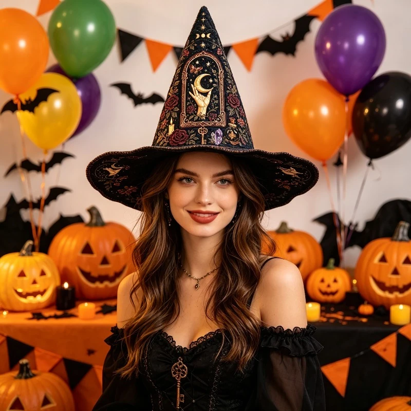 Customization Retro Quilted Witch Hat, Mysterious Hand Moon Star Rose Crystal Pattern Wide Brimmed Witch Hat, Retro Halloween Ro