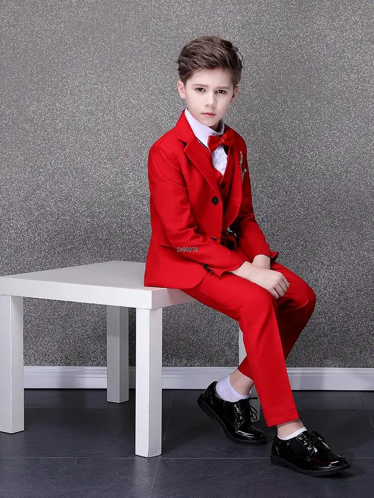 Flower Boys Photograph Suit Kids Red Wedding Suit Teenager Birthday Party Tuxedo Dress Children Graduation Stage Show Costume