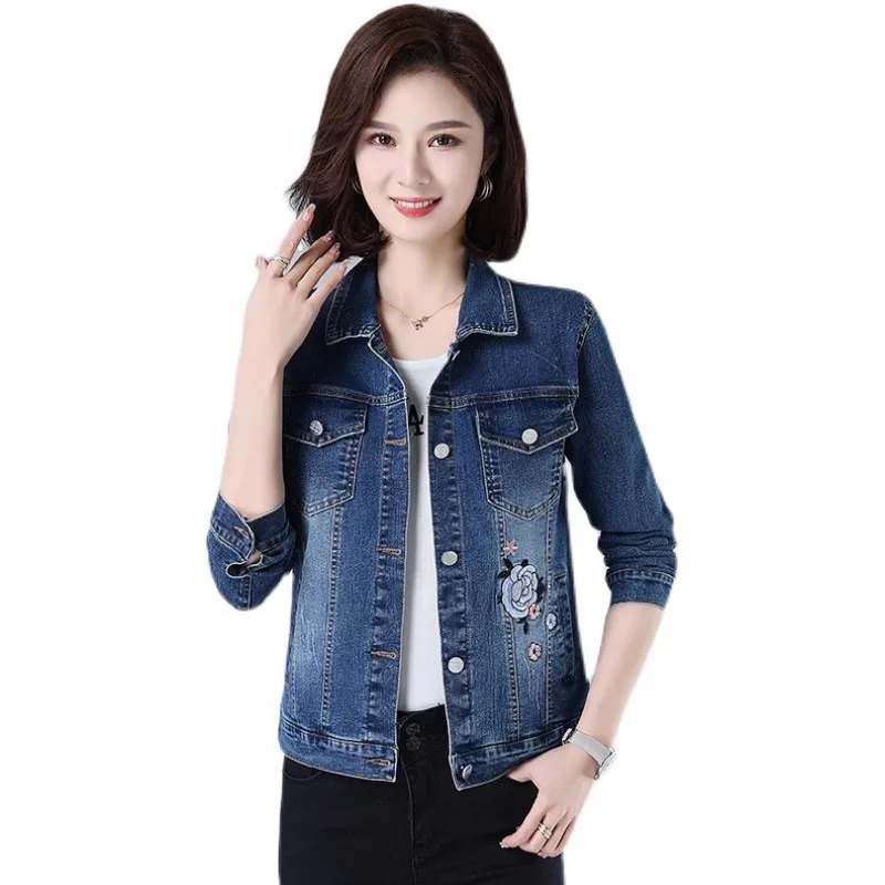 UHYTGF New Short Jeans Jacket Women Fashion Embroidery Slim Outerwear Autumn Denim Jacket Single-Breasted Spring Coat Female 877