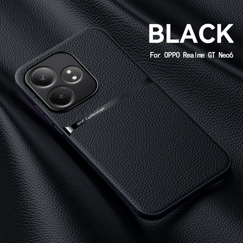 Hautfreundliche Schutzhülle mit Litschi-Muster aus Leder für Realme GT Neo 6 SE GT6 6T 11 12 13 14 16 Pro Plus mit Magnetischer Autohalterung