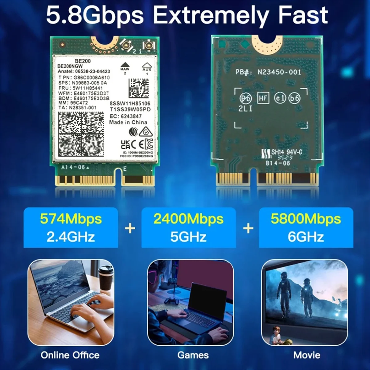 RISE لـ Intel BE200 WiFi 7 M.2 بطاقة بلوتوث 5.4 BE200NGW 2.4G/5G/6 جيجا هرتز محول لاسلكي بطاقة الشبكة مع هوائيات (10Dbi)
