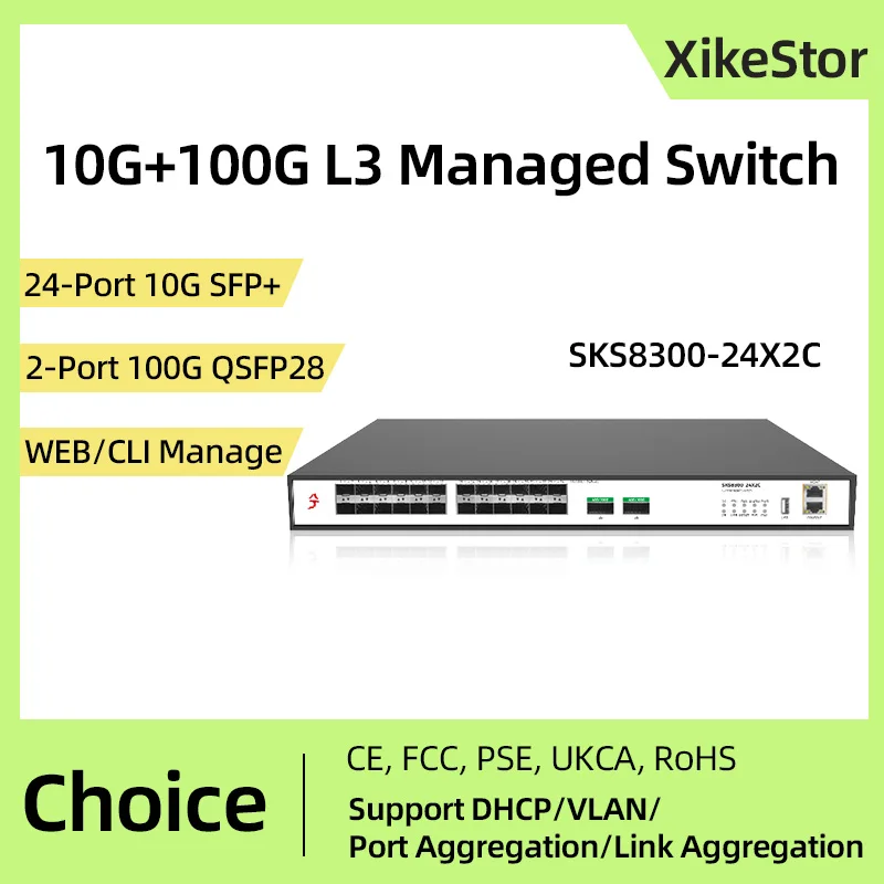 

XikeStor 10G/100G Все SFP+ L3 Управляемый 24-портовый 10G SFP+ 2-портовый 100G QSFP28 Ethernet VLAN порт агрегации WEB/CLI