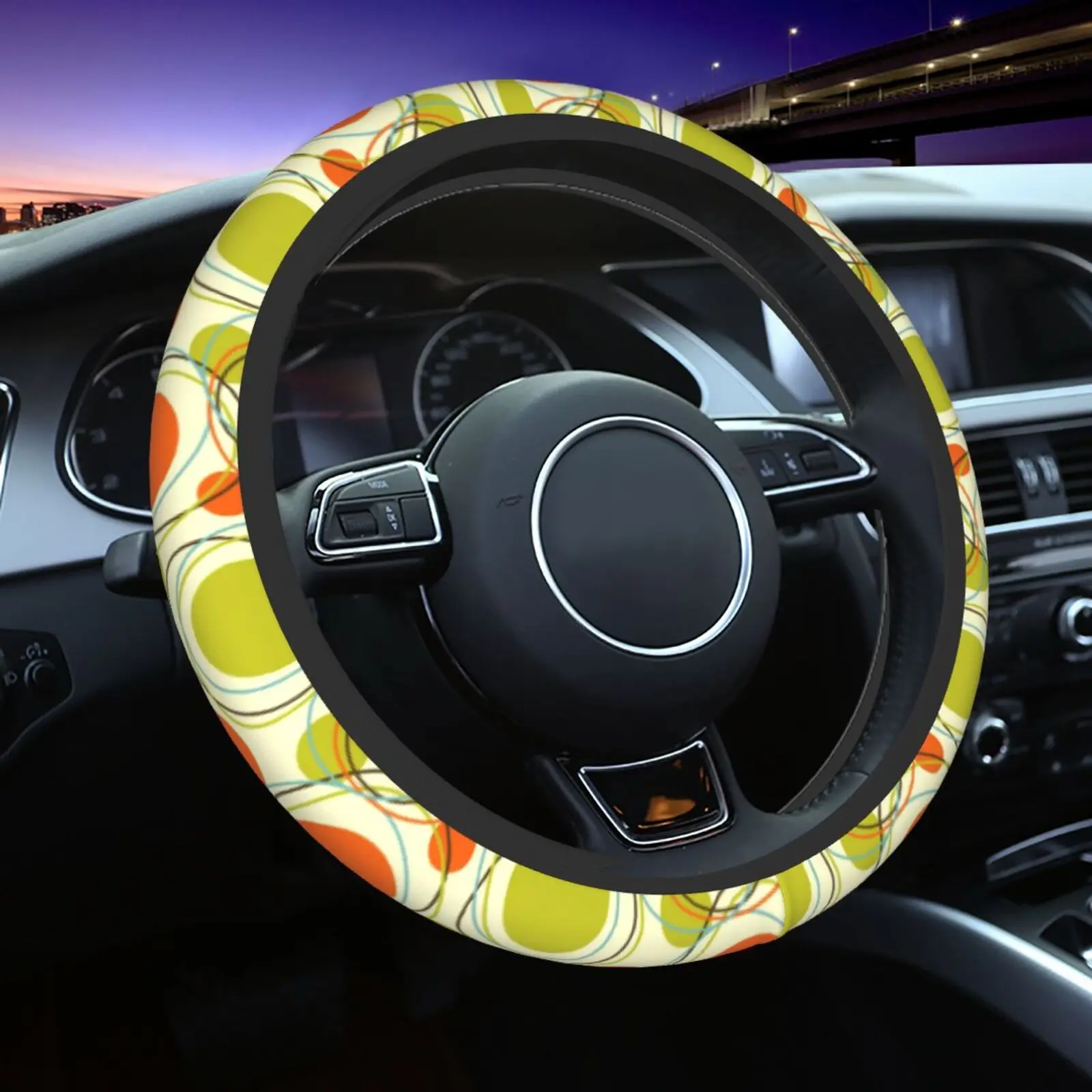 Steering Wheel Cover Pop Art Square and Circular Car Parts Universal 15 Inch Chloroprene Rubber Anti Slip and Sweat Absorbing