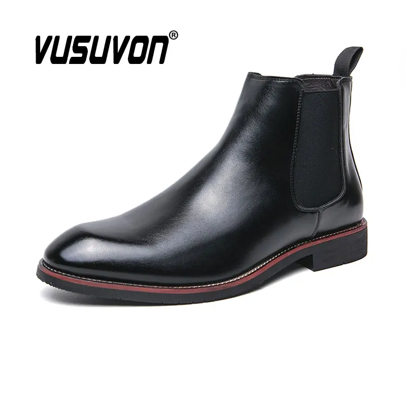 Men Split Leather Chelsea Boots Black Casual Winter Shoes Comfortable Ankle Slip-On Flats Big Size 38-46 British Style