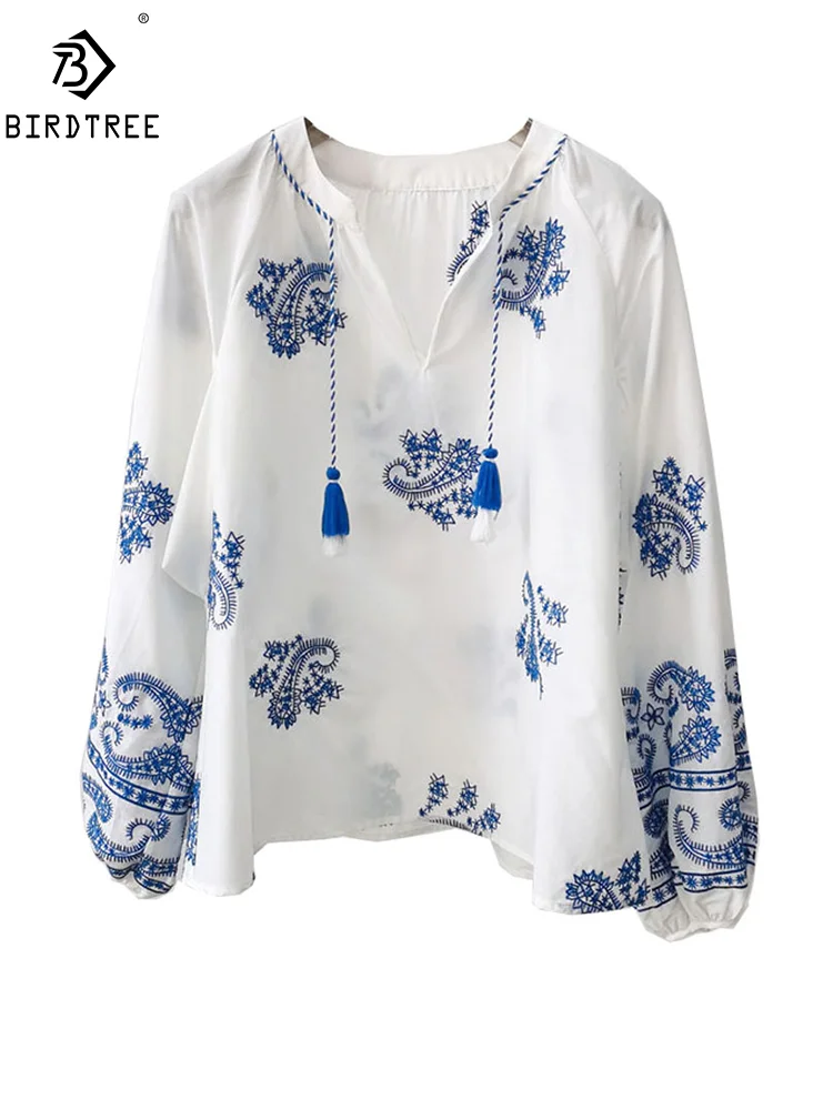 BirdTree, 27.7%Natural Silk Lantern Sleeve Shirt, Women Paisley Embroidery, Elegant Loose Blouse, 2024 Summer Autumn T467113QM