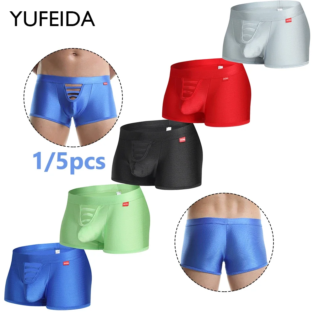 

YUFEIDA 1/5pcs Mens Sexy Smooth Boxer Shorts Elastic Underwear Soft Thin Panties Breathable Underpants Smoothy Lingerie Boxers