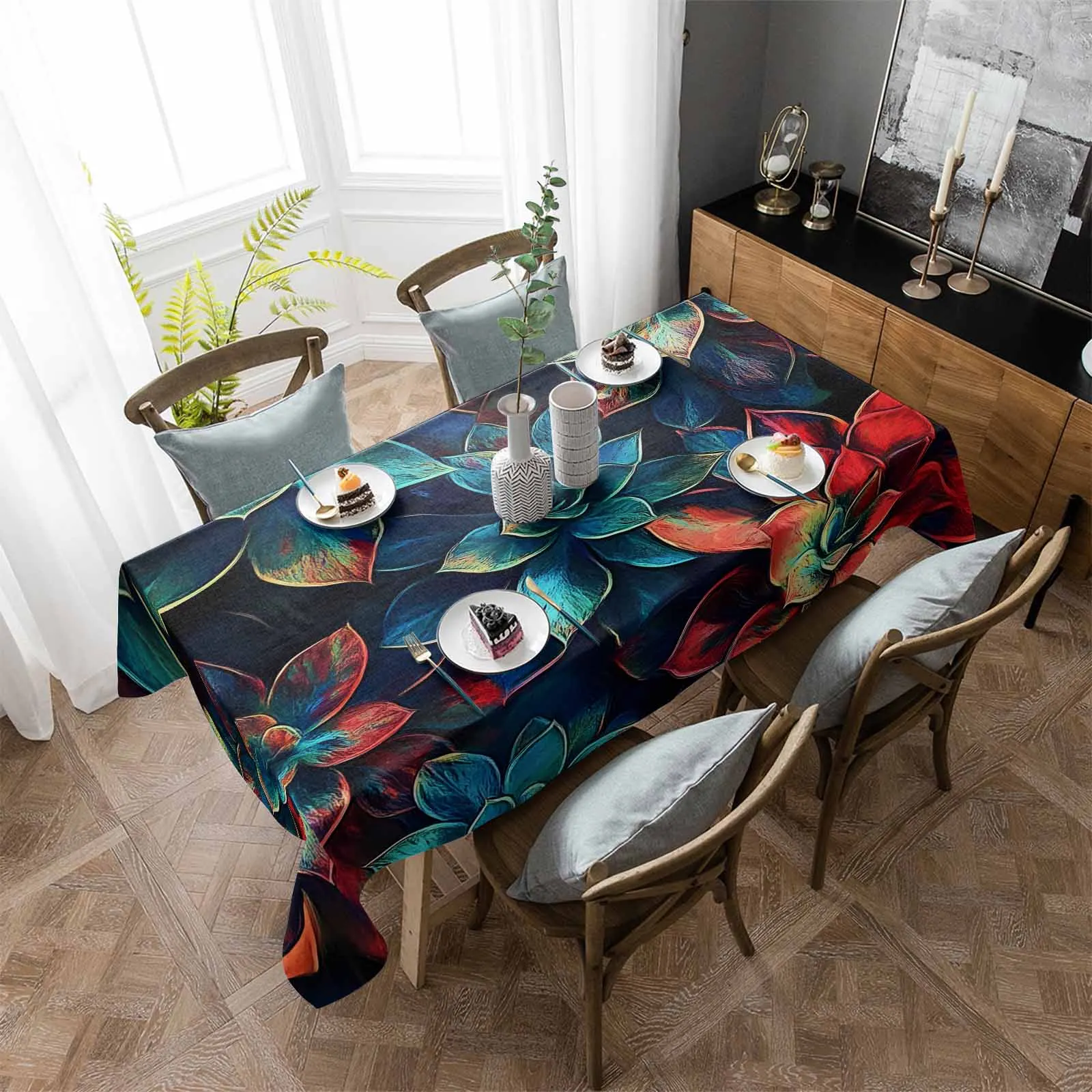

Blue Nostalgic Succulent Plant Waterproof Table Cloth Holiday Wedding Party Rectangular Table Cover Home Kitchen Decor