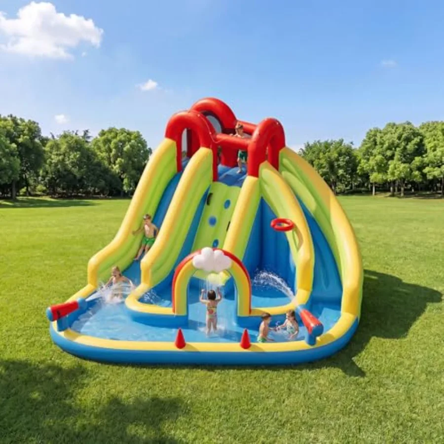 

Backyard inflatable water slide for kids with 450W blower, PVC material, blue and yellow, splash-and-bounce dual-function desig