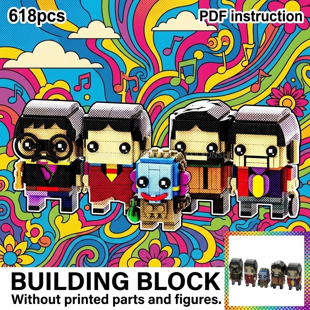 

Квартет персонажей в стиле ретро: Британская психоделическая музыкальная группа, фигурки в стиле Blocky, модель MOC из блоков