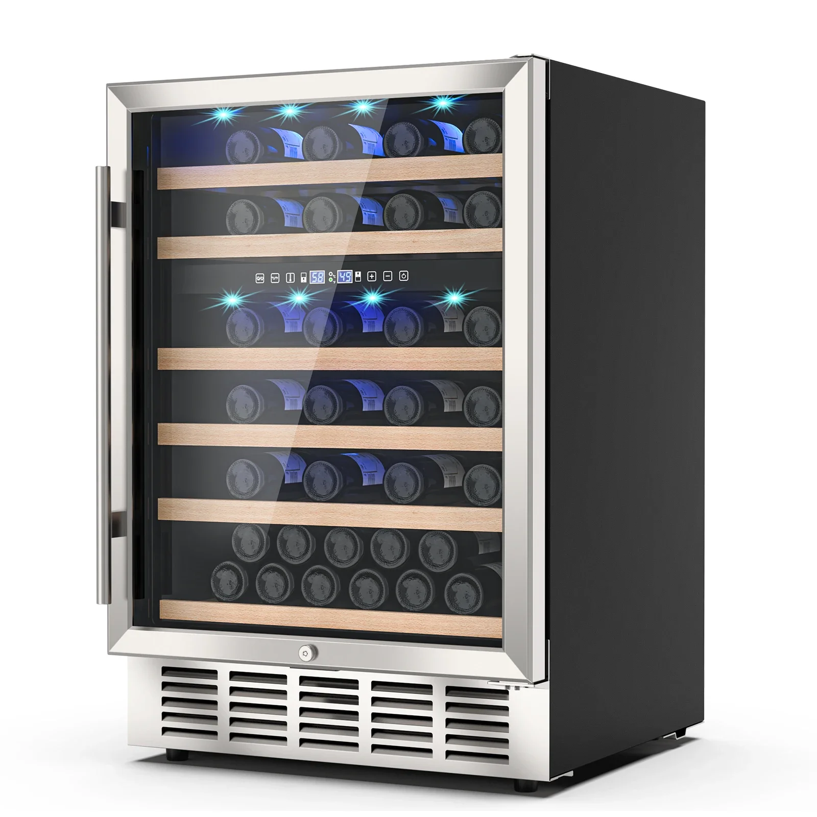 24 Inch Dual Zone Wine Cooler 51 Bottle Wine Refrigerator Stainless Steel Wine Fridge Built-in/Freestanding  Blue Interior Light