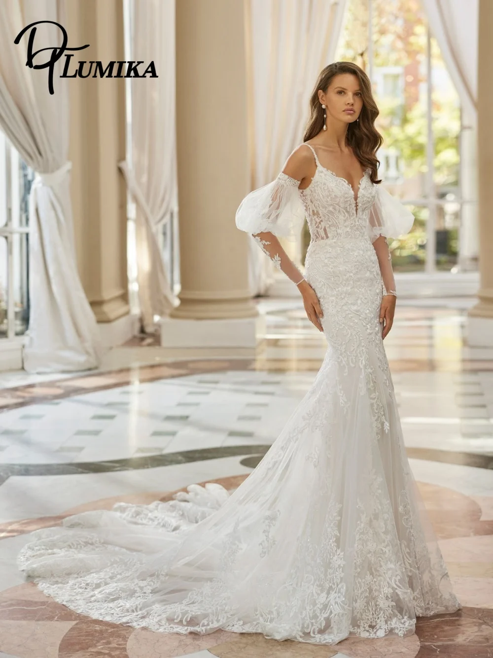 

Elegant Lace Tulle Wedding Dress Romantic Cold - Shoulder Bridal Gown Glamorous Mermaid Floor - Length Wedding Gown Customized