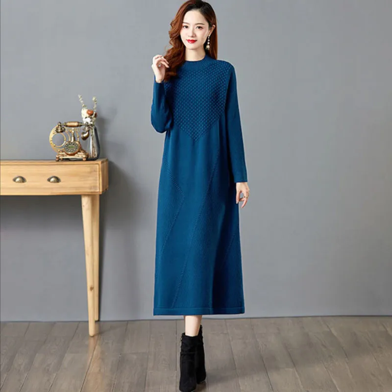 

National Style Elegant Women Knitting Dress For Autumn Winter 2023 New Fashion Oversize Half High Collar Female Long Sweater