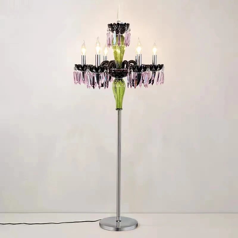 

French Light Luxury Restaurant Floor Lamp High-end Villa Bedroom Colored Crystal Candela Bra Standing Lamp Sofa Decorative Light