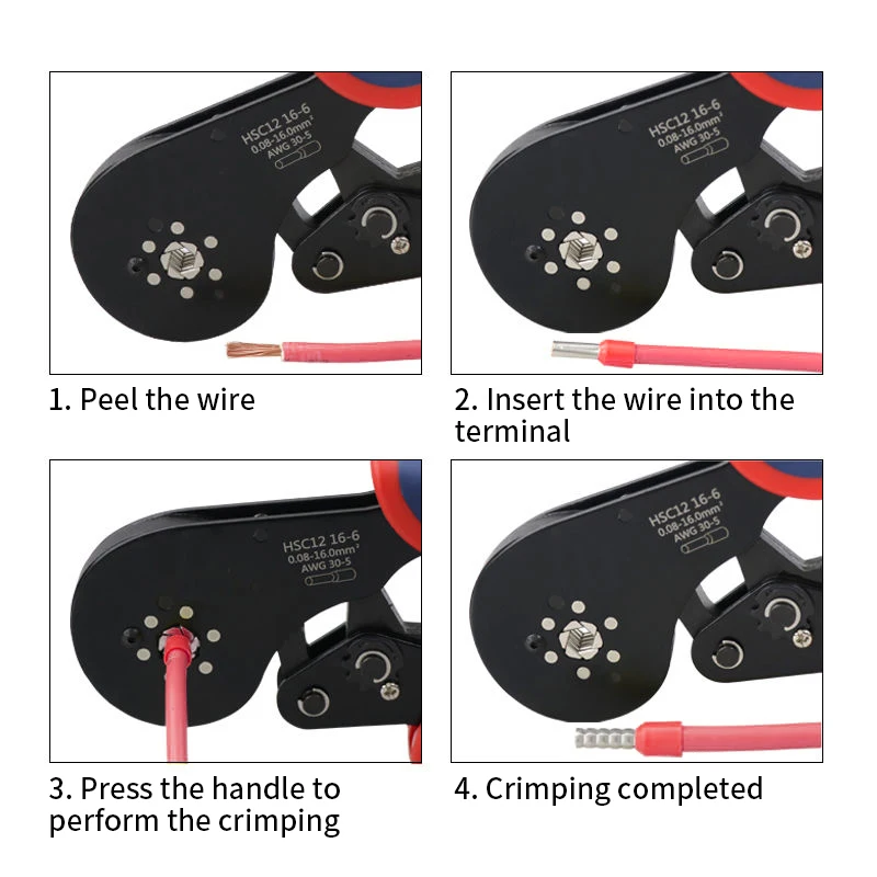 أداة العقص الطويق HSC12 16-6 كماشة صغيرة طرفية أنبوبية لمحطات كبيرة الحجم المشابك الكهربائية 0.08-16mm2/30-5AWG