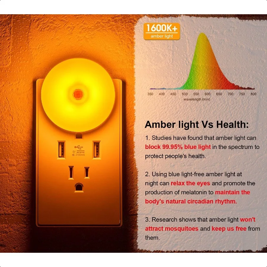 Amber Night Light Motion Sensor Night Light Plug in Blue Light Blocking Automatic Nightlight 2 Pack Night Lights Plug into Wall