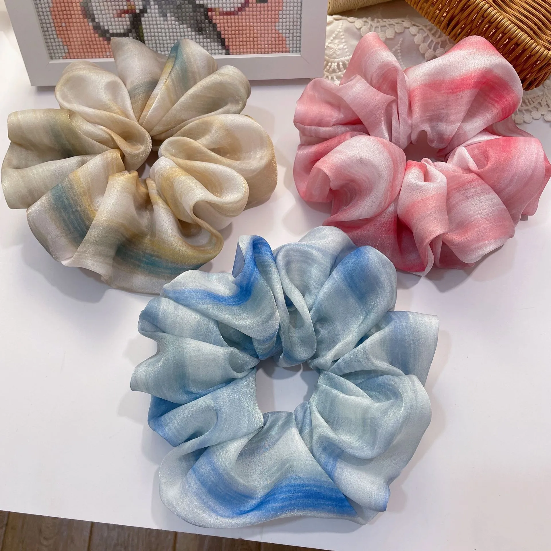 

Tie-Dye Chiffon Large Scrunchies Elastic Hair Bands Women Girls Gradient Hair Ties Hair Rope Headbands Hair Accessories Spring
