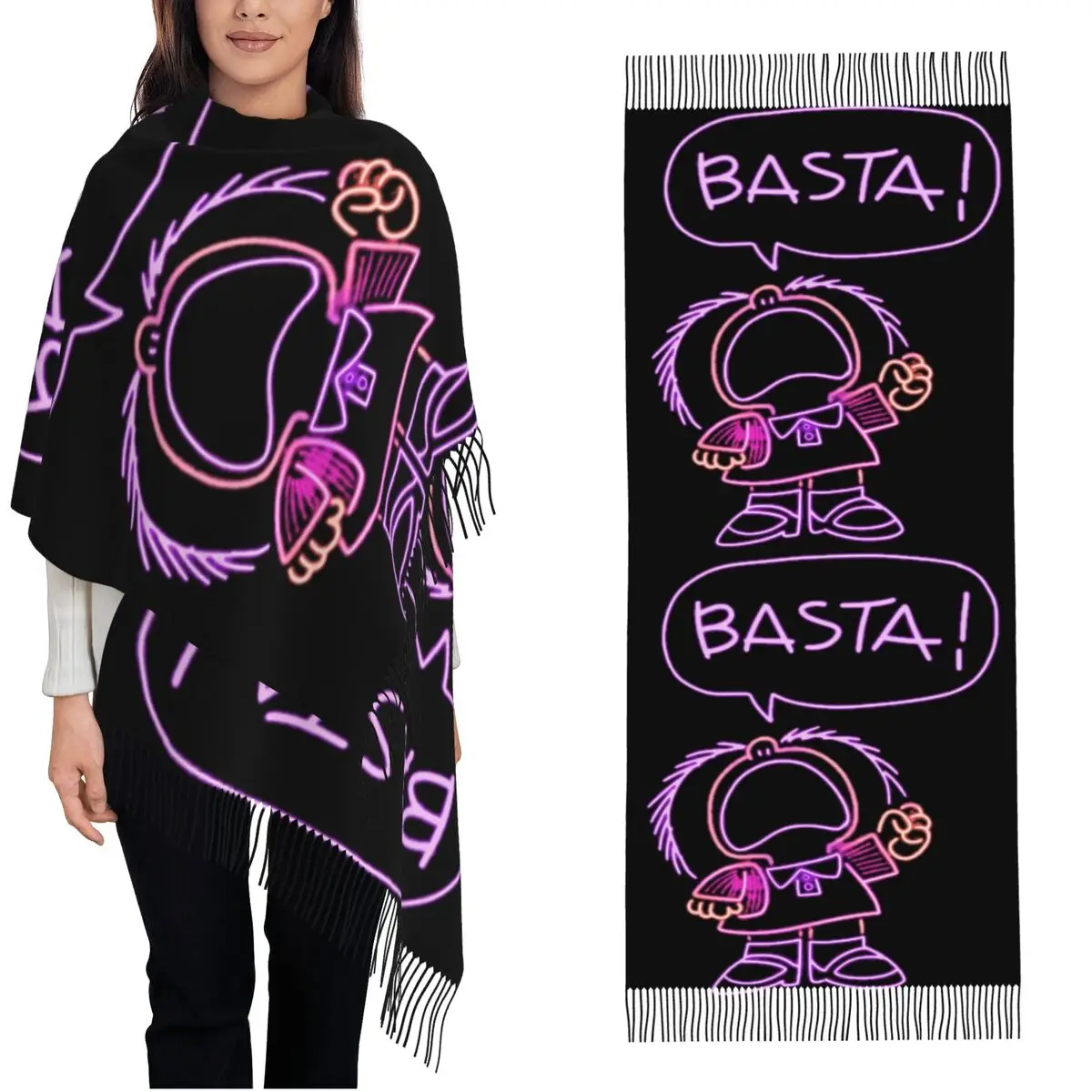 Womens Tassel Scarf Mafalda Neon Basta Large Winter Warm Shawl Wrap Cute Daily Wear Pashmina Scarves