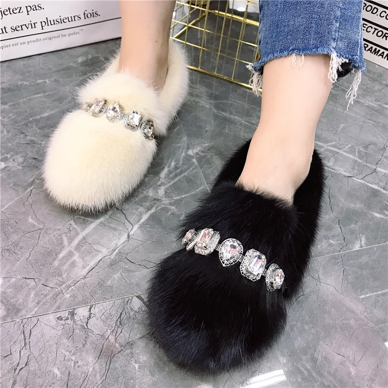 Yellow Women Flats Comfortable Moccasins Ladies Winter Warm Fur Loafers Crystal Decor Mink Fur Espadrilles Smoking Driving Shoes