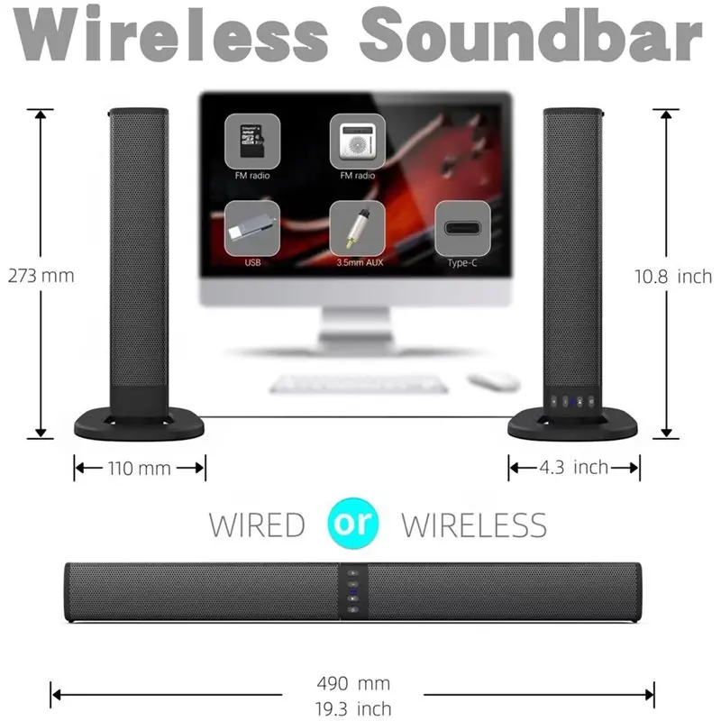 ABDW-Wireless Soundbar Audio System Home Theater Speaker Powerful Sound Radio Bar For TV PC Computer Subwoofer view 6