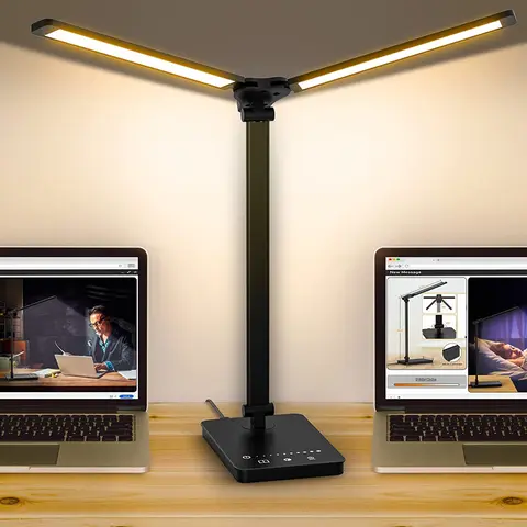 Lampe de bureau LED à Double tête, lampe de table à double bras oscillant pour le bureau à domicile, 5 modes de couleur et 5 lampes de piano modernes à intensité variable pour le soin des yeux