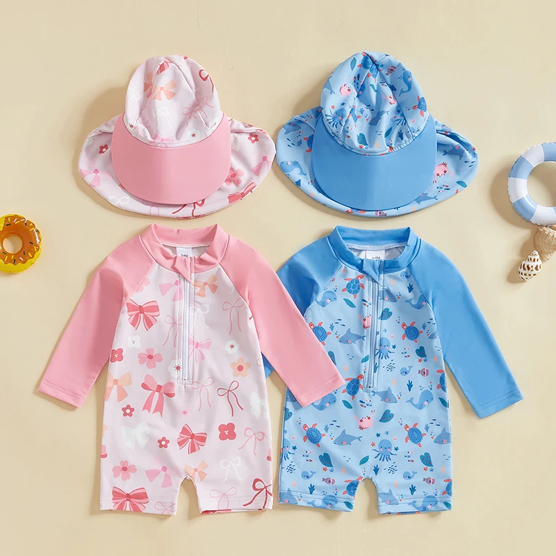 Toddler Rash Guard Swimsuits with Hat 2 Pcs Set Crab Lobster Whale Pattern Zip Up Long Sleeve Crew Neck Baby Swimwears