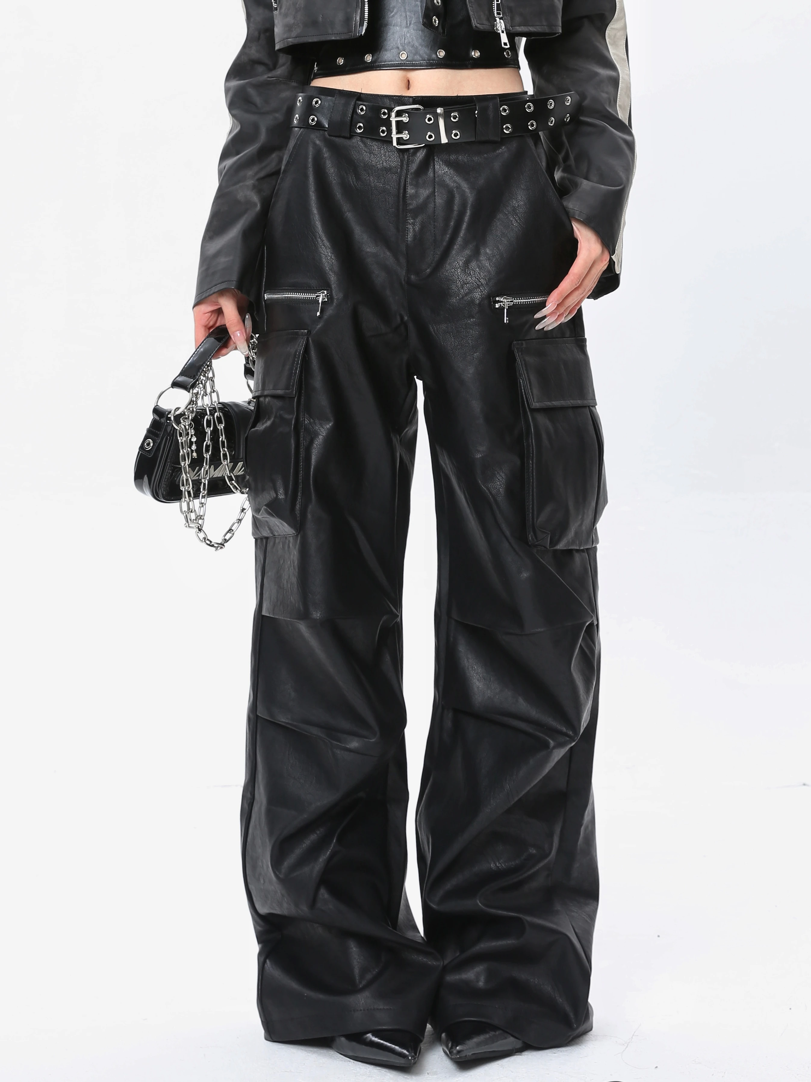 

27-46 New Men Women's Clothing Pocket Design Wide Leg Leather Pants Overalls Lovers Trousers Plus Size Singer Costumes