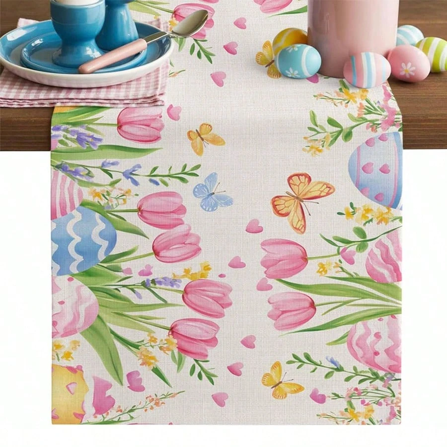1 Stück Oster-Tulpen- & Eier-Tischläufer - Leinen 2D-Druck Aquarell Blumen- & Schmetterlingsdesign, Perfekt für Küche Esstisch Deko