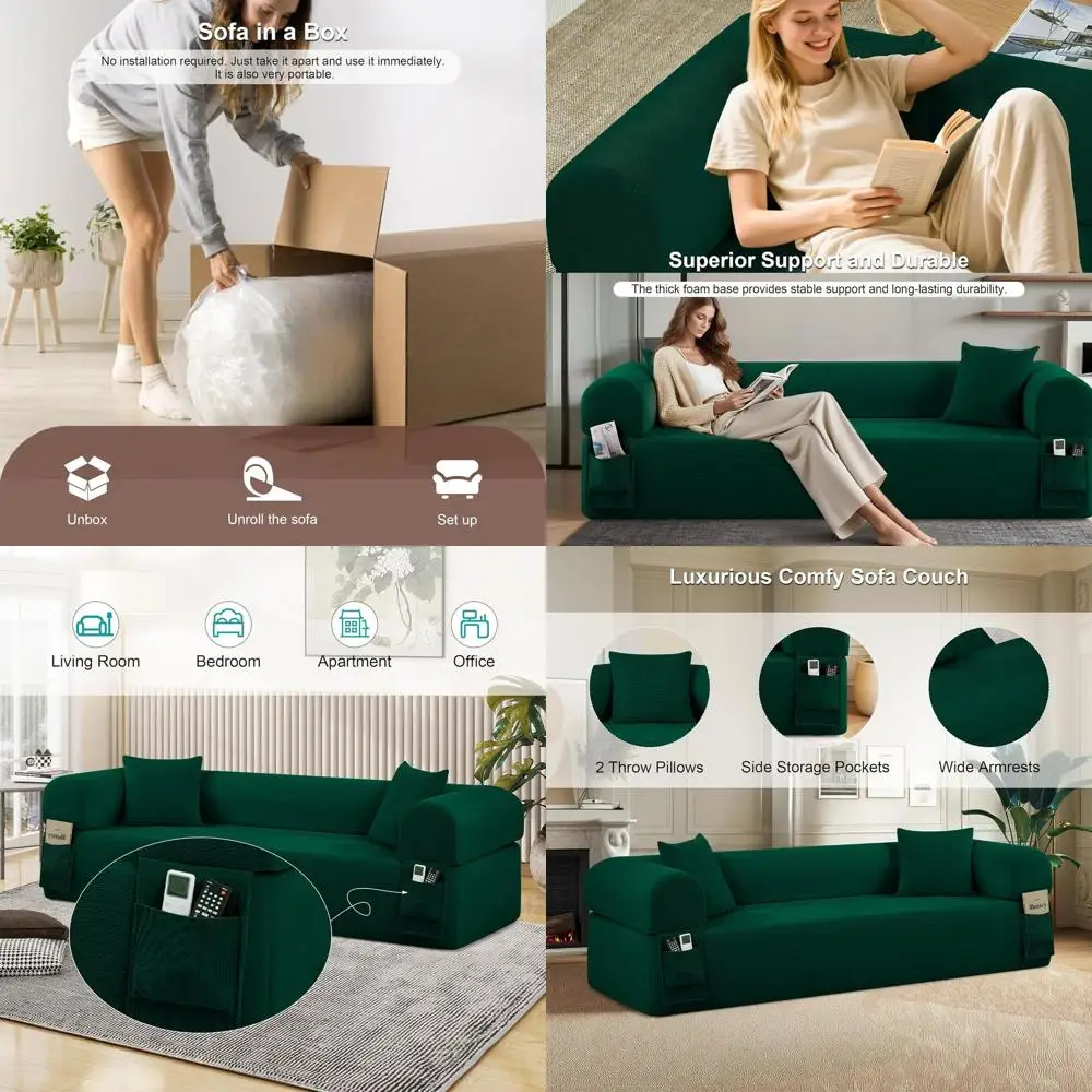 

Трехместный вельветовый диван-кровать Cloud с местом для хранения, 2 подушками, пеной с эффектом памяти, для небольшой гостиной, зеленый