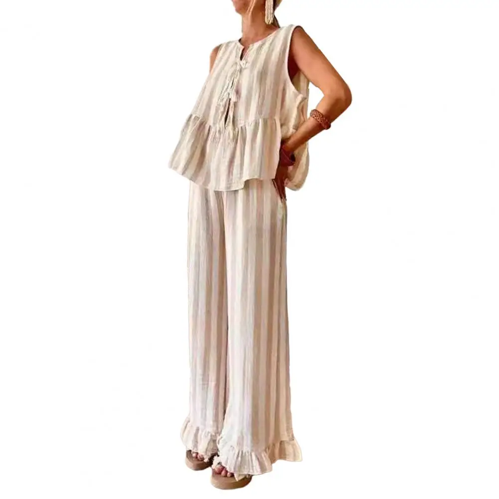 

Loose Fit Women Ensemble Striped Tank Top Wide Leg Pants Set for Women Lounge Matching Outfit Summer Beach Two Piece Set