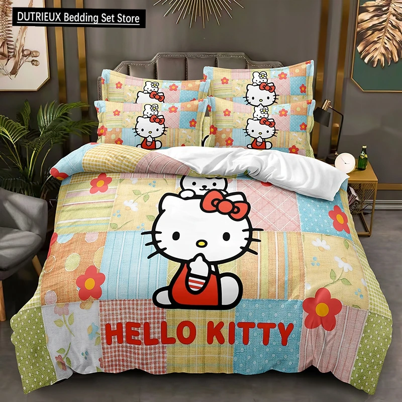 

Hot Sanrio Hello Kitty Cute Cartoon Printed Home Comfortable Bedding Set Soft Pillowcase Duvet Cover Girl Adult Full-Size