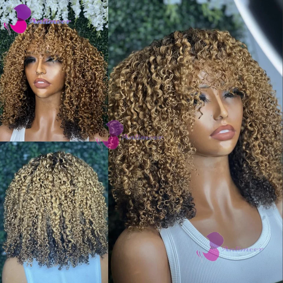 

P4/27 Color Afro Kinky Curly Silk Top Human Hair Wig with Bangs Short Bob Afro 360/Full Lace Wigs Brazilian Hair for Women