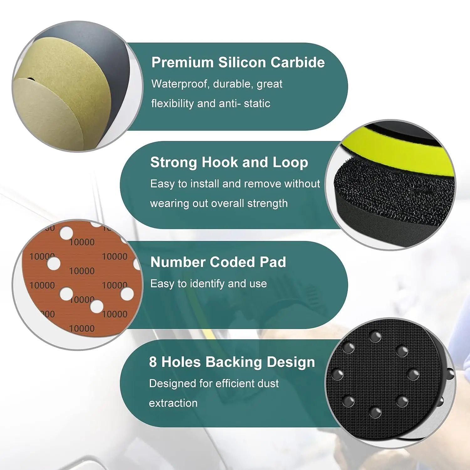 45PCS 5 Inch 8 Hole Wet Dry Sanding Discs Kit Hook and Loop Sandpaper with Backing Pad M10  for Orbital Sander Car Wood Metal