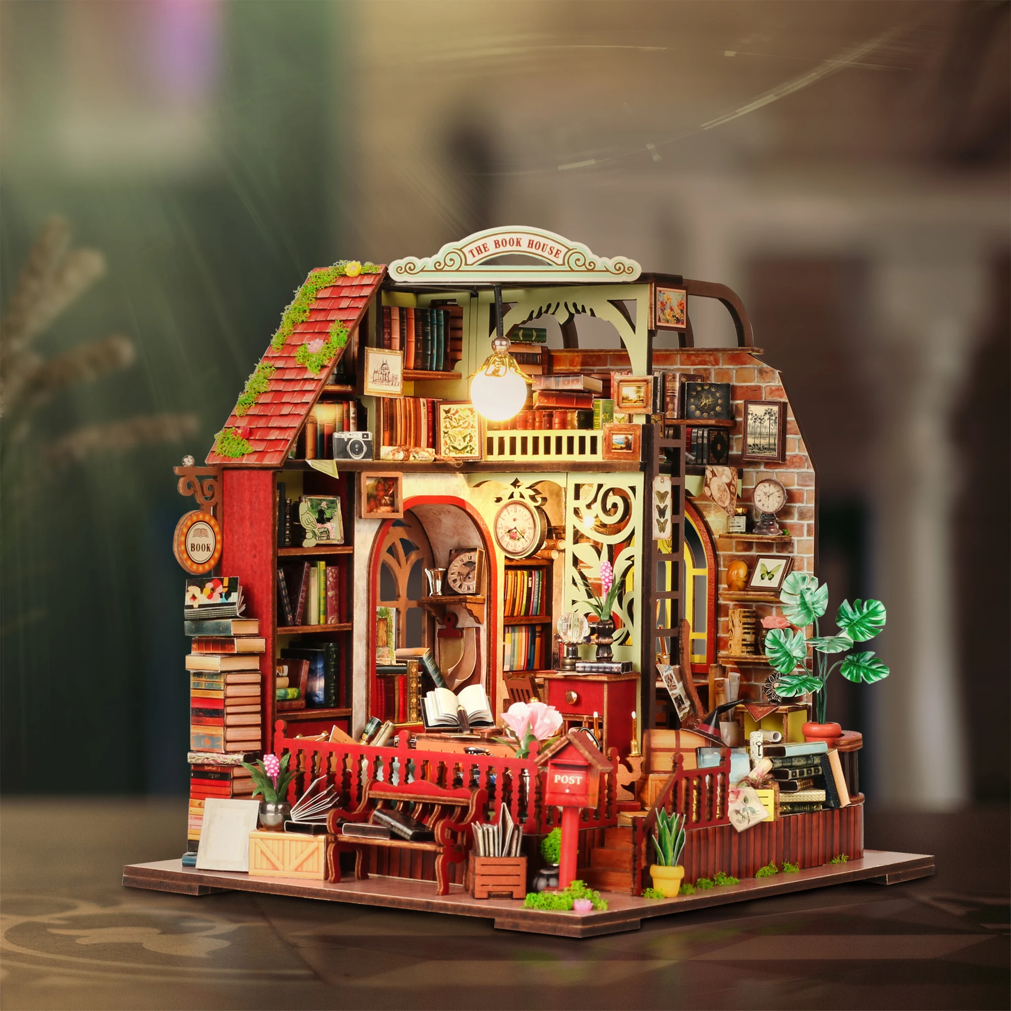 DIY Miniature Cottage House Assembled Building Model with Lights 3D Wooden Puzzles Desktop Library Decoration Toy Gifts for Kids