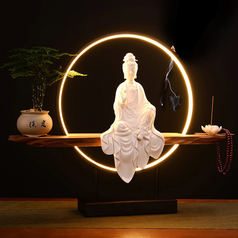 Chinese-Style Large Foyer Lamp, Zen-Inspired Ornament, Goat-Fat Jade Porcelain Guanyin Statue, High-End Wellness Center Home Dec