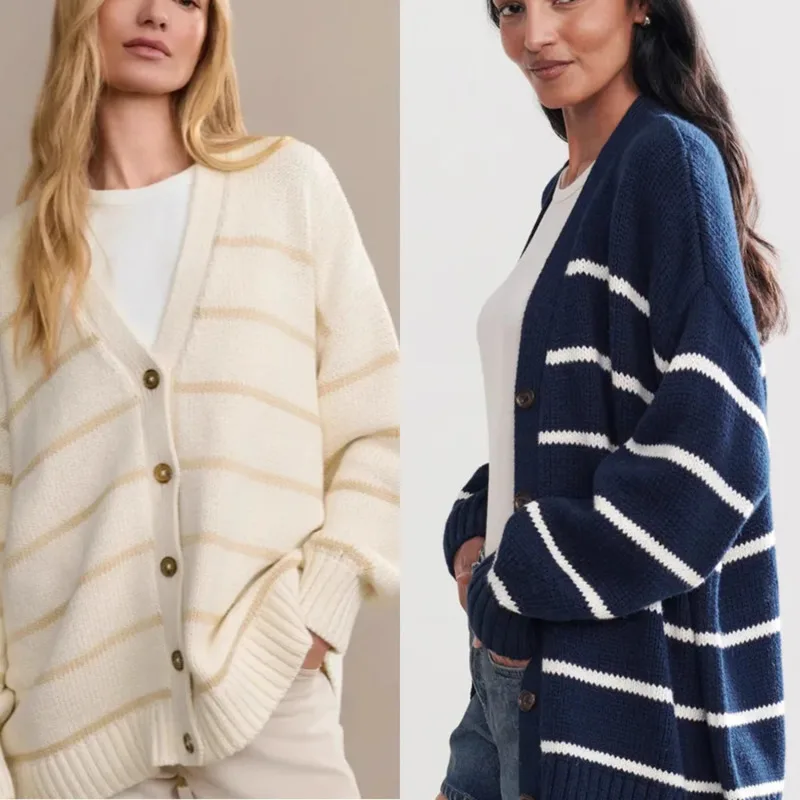 

2025 Women Striped Knit Cardigan V Neck Autumn Winter Loose Fit Cotton Sweater Tops Thick Warm Casual Outwear For Daily Office
