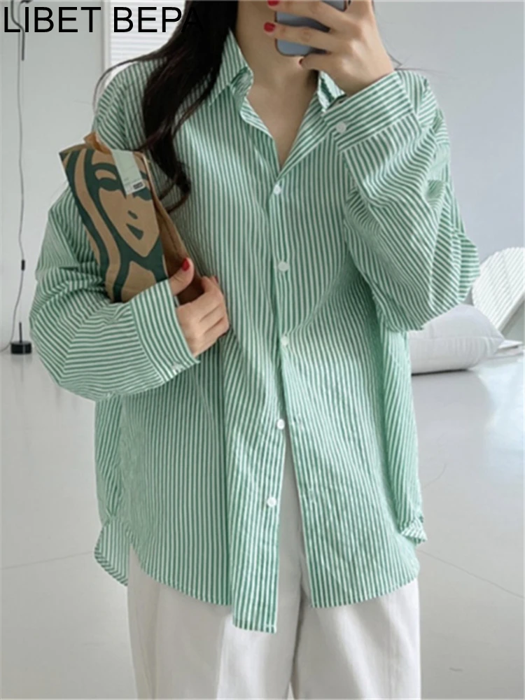 BL6285 New 2024 Korean Fashion Striped Oversized Female Wild Women Blouses Shirts Autumn Winter Vintage Elegant Lady Pink Tops