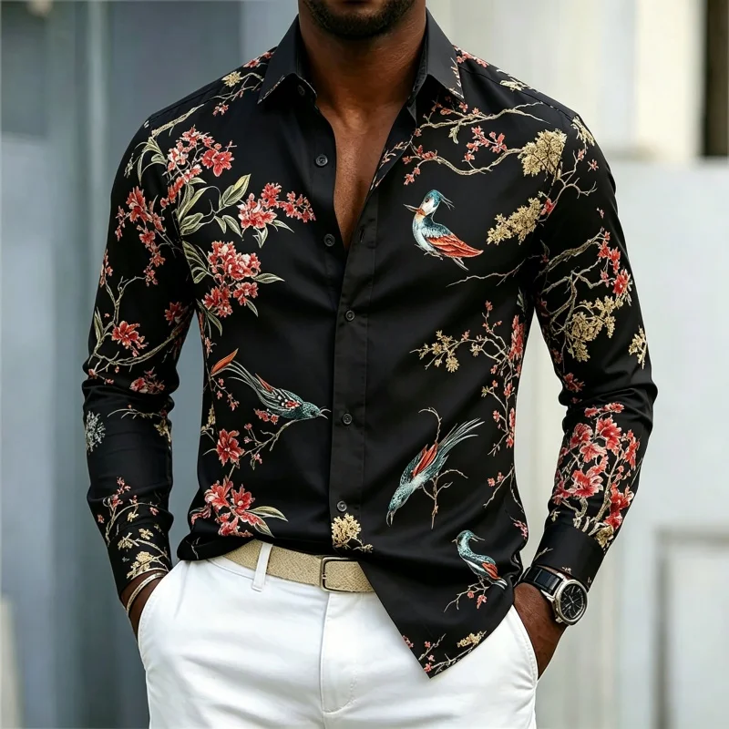 2026 new men's shirt collar long sleeved casual shirt floral bird print long sleeved street style trendy men's business top