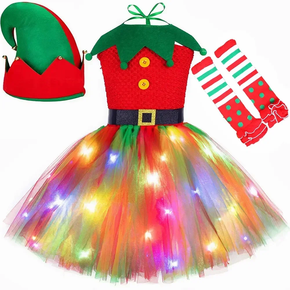 Elf Costume for Girls LED Light Up Christmas Tutu Dress Red Green Tulle Princess Dress for Kids New Year Xmas Party Outfit
