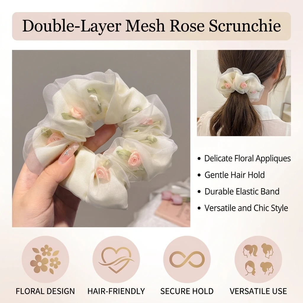 Sweety Flower Hair Tie For Women Elegant Mesh Colon Headband French Style Hair Hoop Girls Daily Life Headwear Hair Accessory