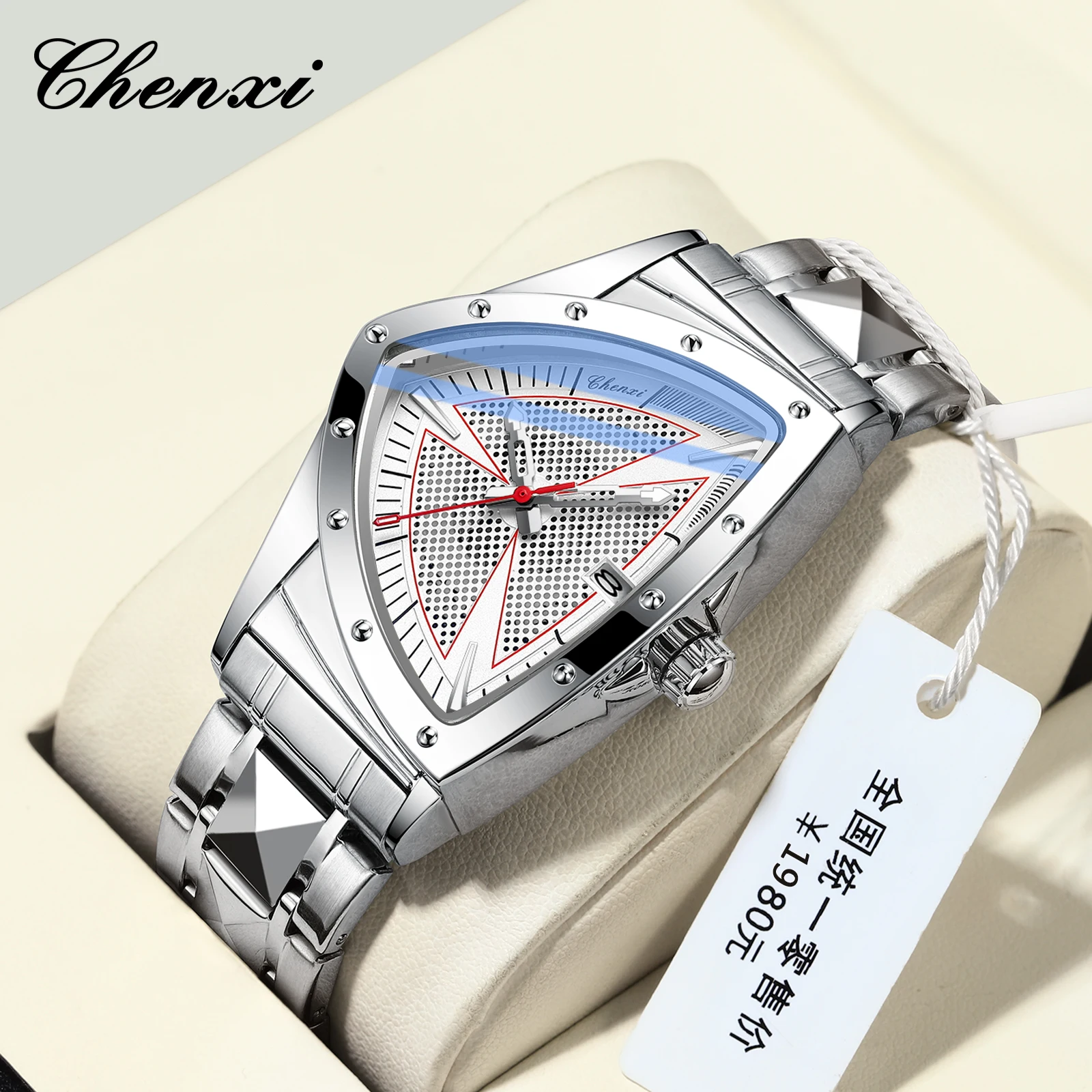 CHENXI シルバー メンズ クォーツ腕時計 不規則デザイン、防水、夜光、ステンレススチールブレスレット プレミアムタイムピース 2025