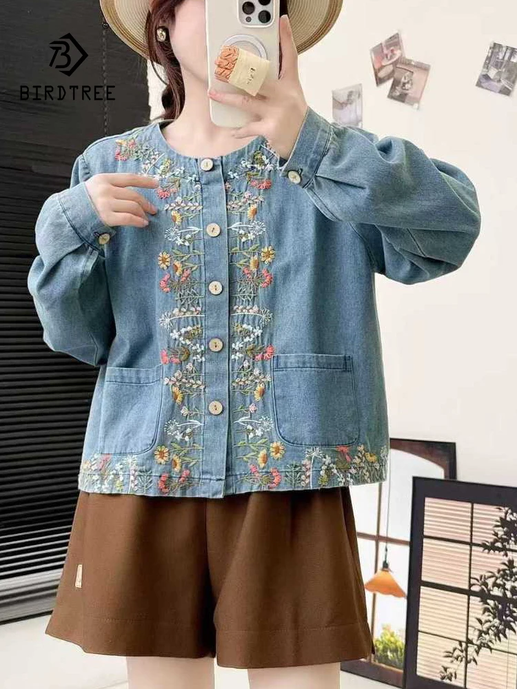 

New 2025 Winter Long Sleeve Denim Coat, Women O Neck Embroidery Pocket, Mori Girl Retro Casual Versatile Loose Jacket C5N023CC