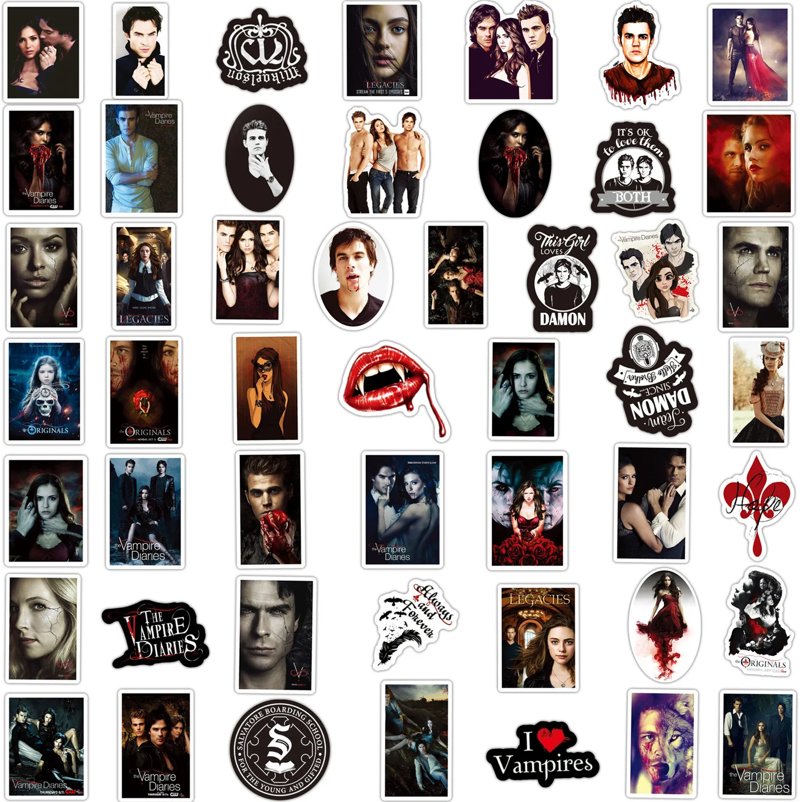 50pcs American TV Series The Vampire Diaries Graffiti Notebook Skateboard Water Cup Trolley Case Waterproof Decorative Sticker