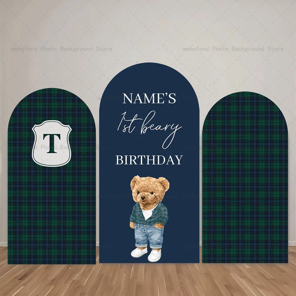 Mehofond Arch Backdrop Customized Name Teddy Bear Design Sense Grid Kids Baby Birthday Party Decor Studio Photography Background