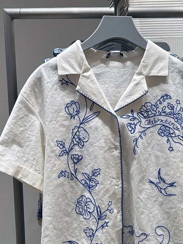 

Summer New Women's Retro Heavy Embroidery ort Sve Open Front irt Floral Design INS Sle Casual Faion Top