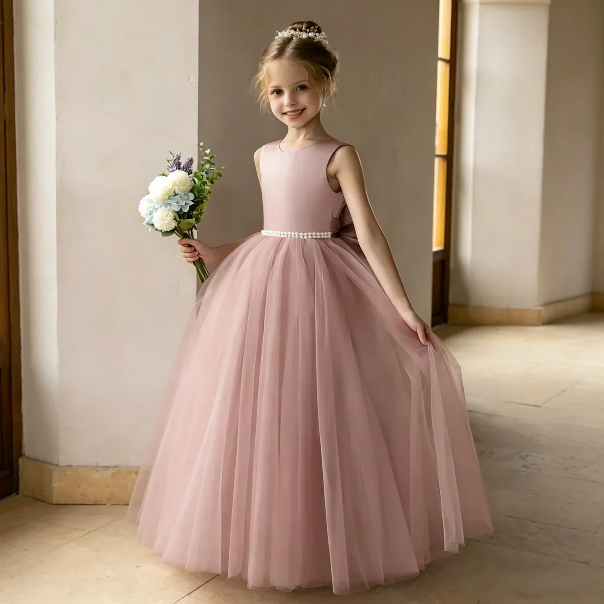 Girls Satin Mesh Flower Girl Dress, Pearl Belt Dress, Elegant Floor Length Wedding Party Dress, Performance Pageant Birthday
