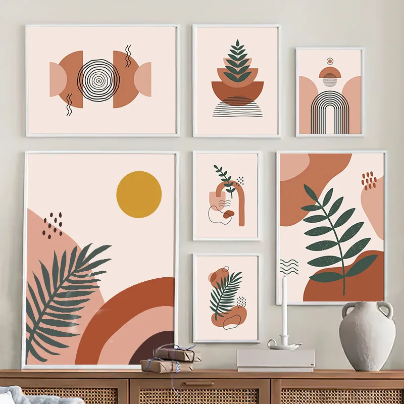 Leaves Sun Rainbow Geometric Landscape Wall Art Canvas Prints Abstract Minimalist Posters Pictures For Living Room Bedroom Decor